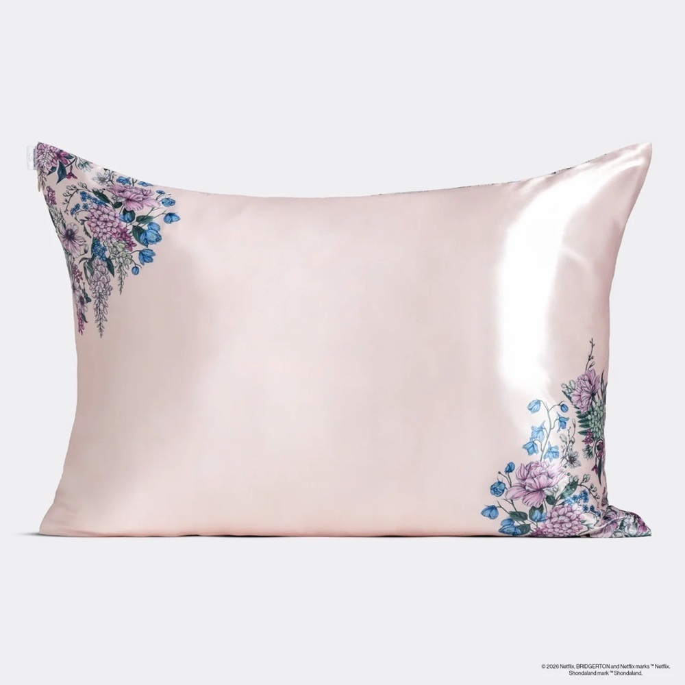 Kitsch Bridgerton Pink Satin Pillowcase with Blue & Purple Floral Accents